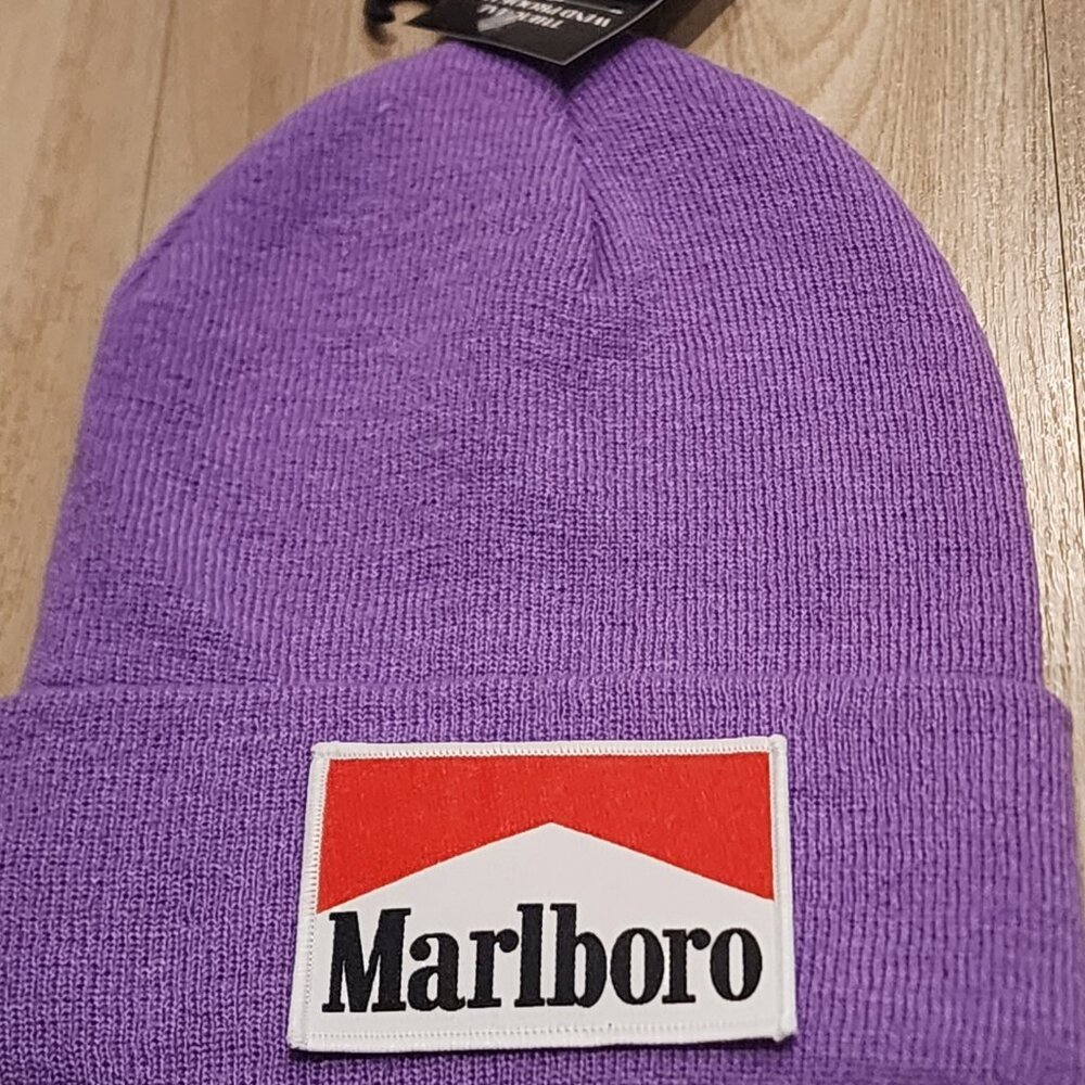 Marlboro Patched Knit Cuffed Beanie in Lavender.